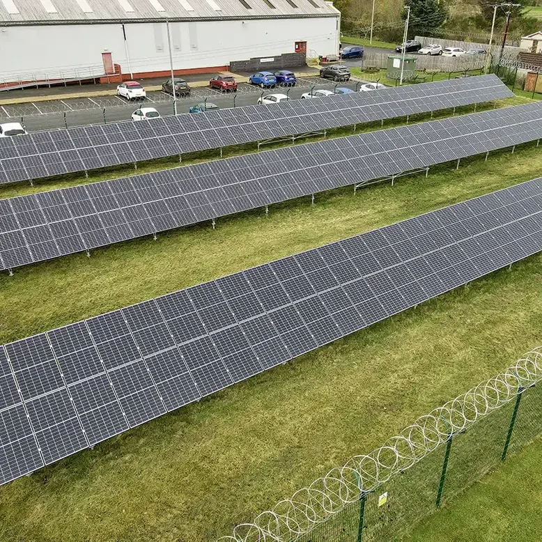 solar panels mounted to solar racking on ground screw foundations